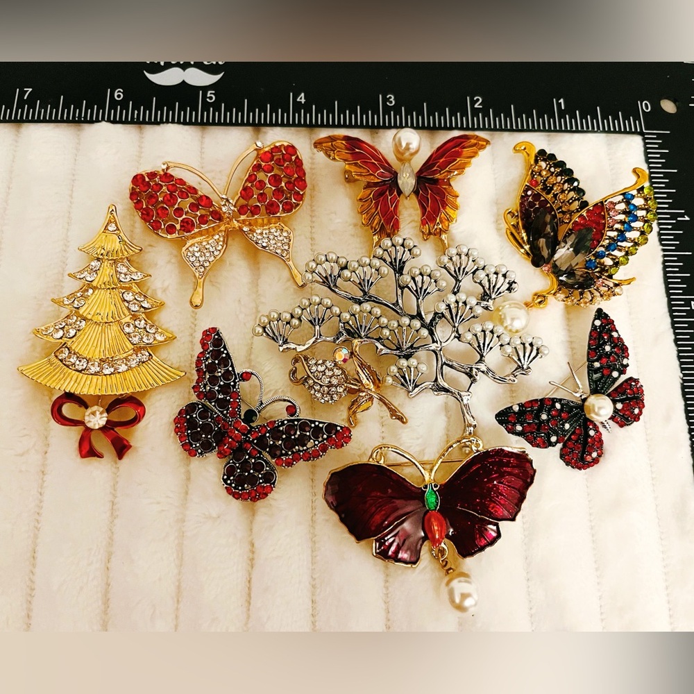 9 Red Crystal Butterfly Thee Brooch Mixed Rhinestone Insect Jewelry, Sparkling